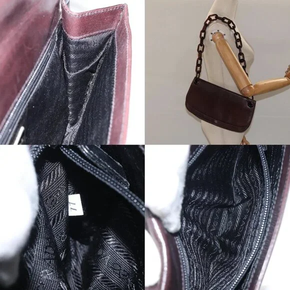 PRADA Chain Shoulder Bag Leather plastic Brown Silver Auth sw306